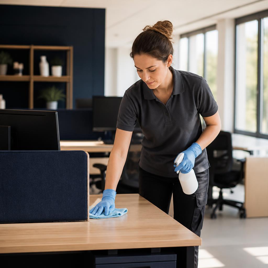 Reinigungskraft pflegt einen Arbeitsplatz in einem Büro
