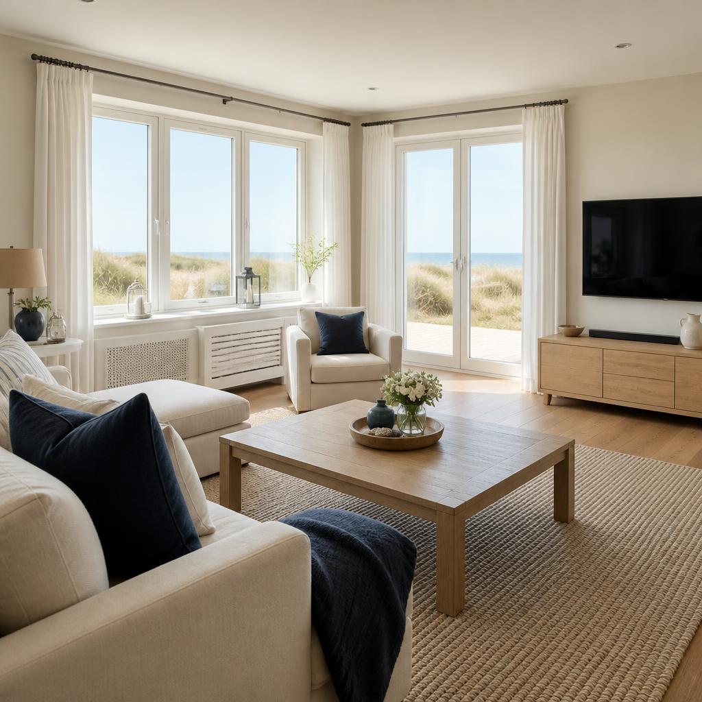 Helles Ferienhaus-Wohnzimmer mit großen Fenstern und Blick ins Freie